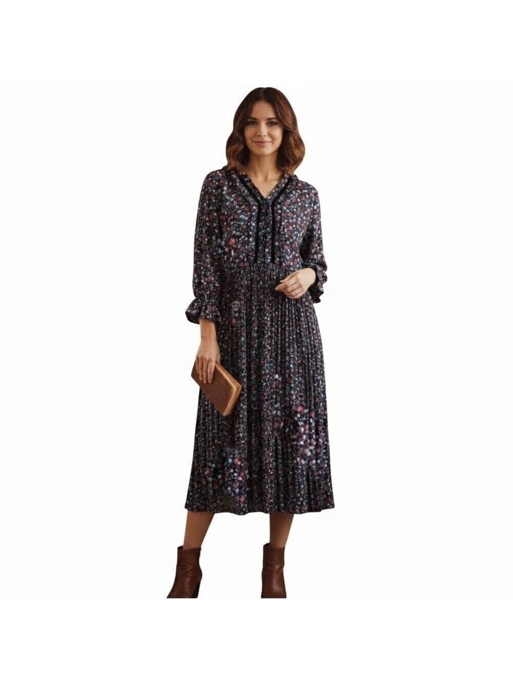 #41 Only Boho Floral V-Neck Long Sleeve Dress Bib Collar Bell Size 38 0315